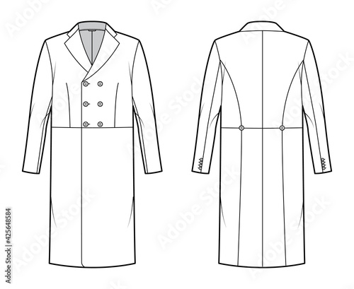 Edwardian Frock jacket technical fashion illustration with long sleeves, three quarter knee length, double breasted. Flat coat template front, back, white color style. Women, men unisex top CAD mockup
