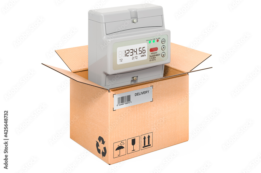 Electric meter inside cardboard box, delivery concept. 3D rendering Electric meter inside cardboard box, delivery concept. 3D rendering