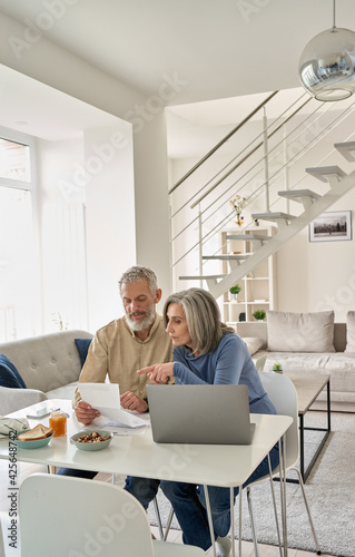 Картината върху платно Senior mature couple check bank loan documents using laptop at home
