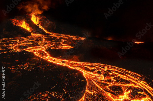 Aerial view of the recent active volcano in the Geldingadalir valley at Fagradalsfjalli mountain, Reykjanes Peninsula, Iceland. photo