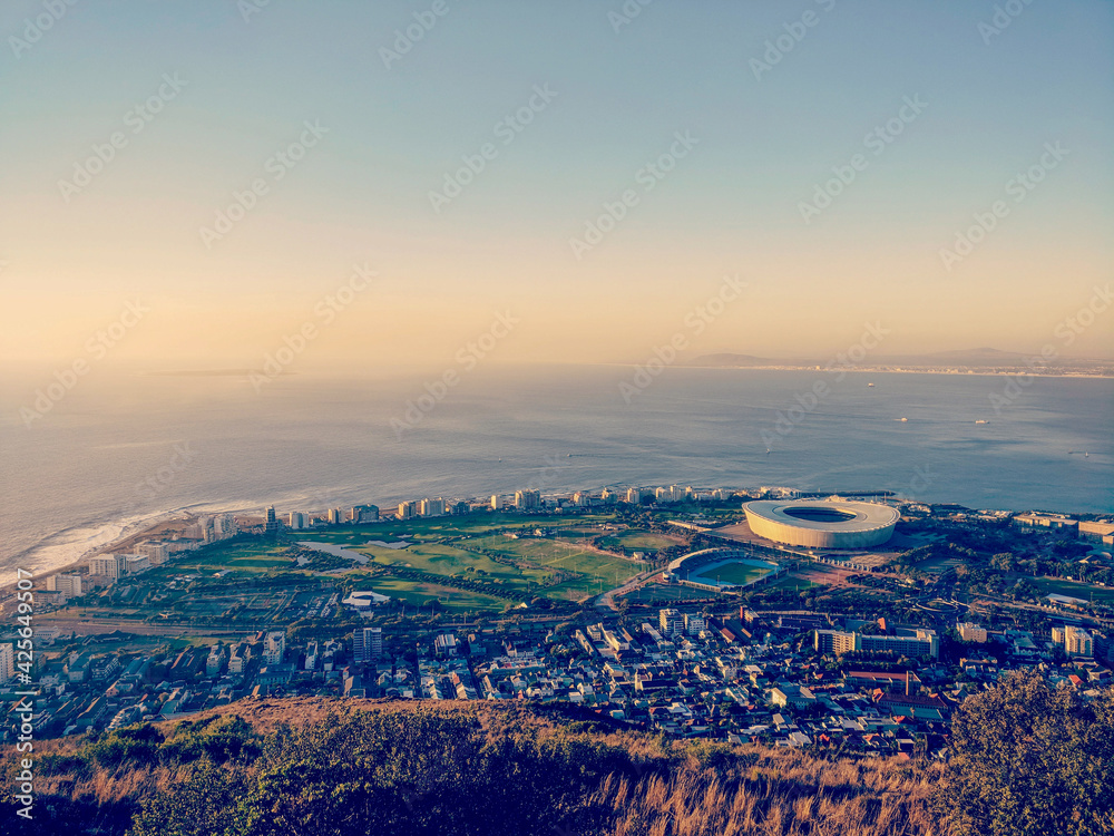 Obraz premium View from Signal Hill of the Cape Town Stadium just after sunset, Cape Town, South Africa