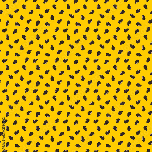 Passion fruit texture. Exotic seamless pattern with brown seeds on orange background. Bright tropical summer print. Vector illustration.
