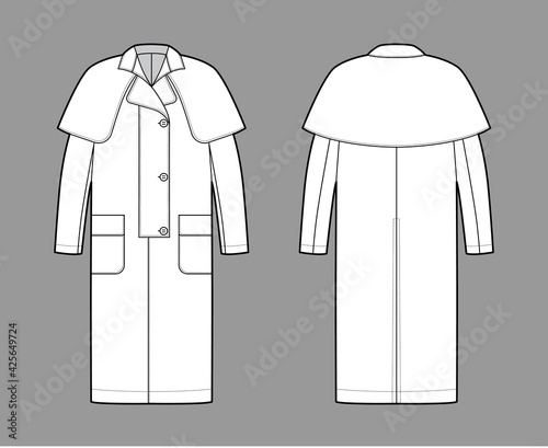 Duster coat technical fashion illustration with long sleeves, napoleon collar, oversized body, midi length, cape. Flat jacket template front, back, white color style. Women, men, unisex top CAD mockup