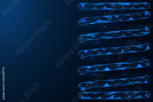 Spiral spring. Polygonal construction of lines and points. Blue background.