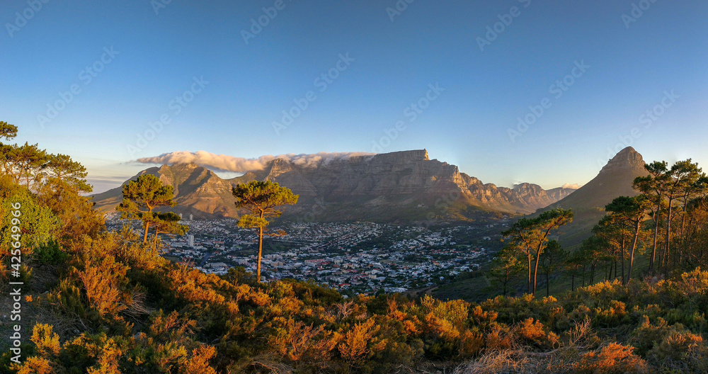 View from Signal Hill of Lion's Head and Table Mountain at sunset, Cape Town, South Africa