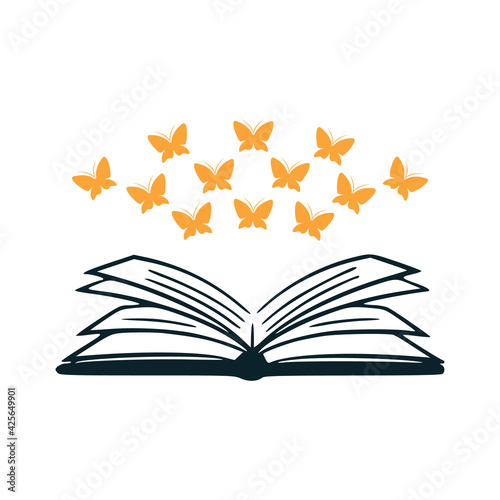 black open book with butterfly hand drawn on white background stock vector illustration .