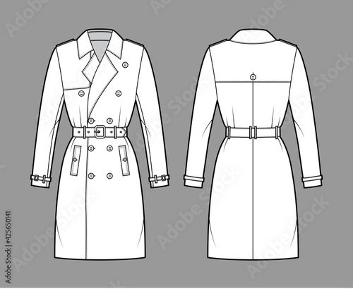 Trench coat technical fashion illustration with belt, fitted, long sleeves, napoleon wide lapel collar, knee length, storm flap. Flat jacket template front, back, white color. Women unisex CAD mockup
