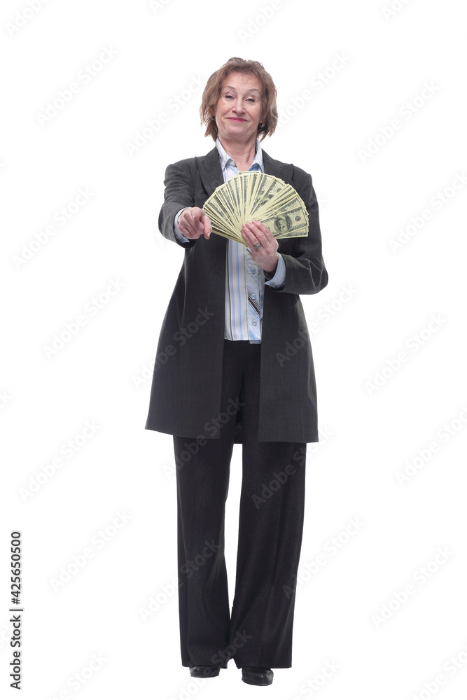 Front view of senior brunette businesswoman in black suit holding money Front view of senior brunette businesswoman in black suit holding money
