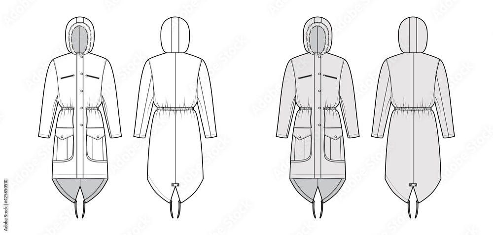 Parka coat technical fashion illustration with faux fur hood, long sleeves, fitted body, knee length, flap pockets. Flat jacket template front, back, white, grey color style. Women, men top CAD mockup Parka coat technical fashion illustration with faux fur hood, long sleeves, fitted body, knee length, flap pockets. Flat jacket template front, back, white, grey color style. Women, men top CAD mockup