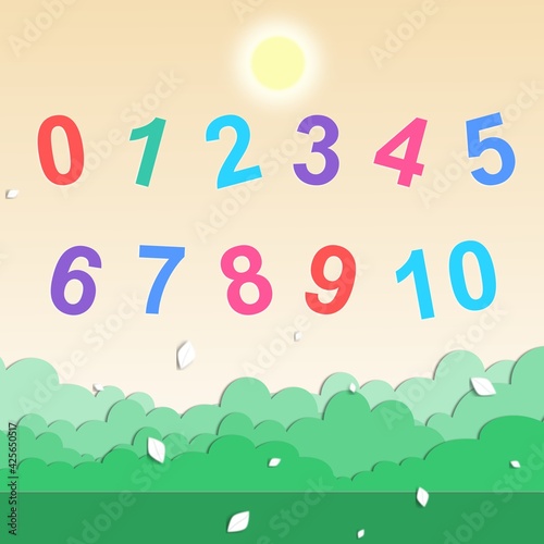 Kids colored cartoon number set. Vector set of 0-10 digit icons. Mathematical school symbols in green nature landscape background.
