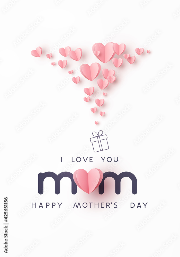 Mother's day postcard with paper flying elements and gift box on white sky background. Vector symbols of love in shape of heart for greeting card design