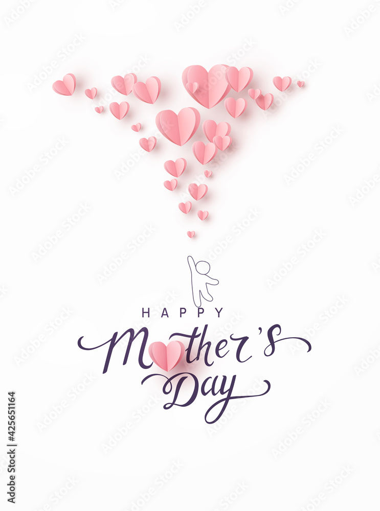 Mother's day postcard with paper flying elements and man on white sky background. Vector symbols of love in shape of heart for greeting card design