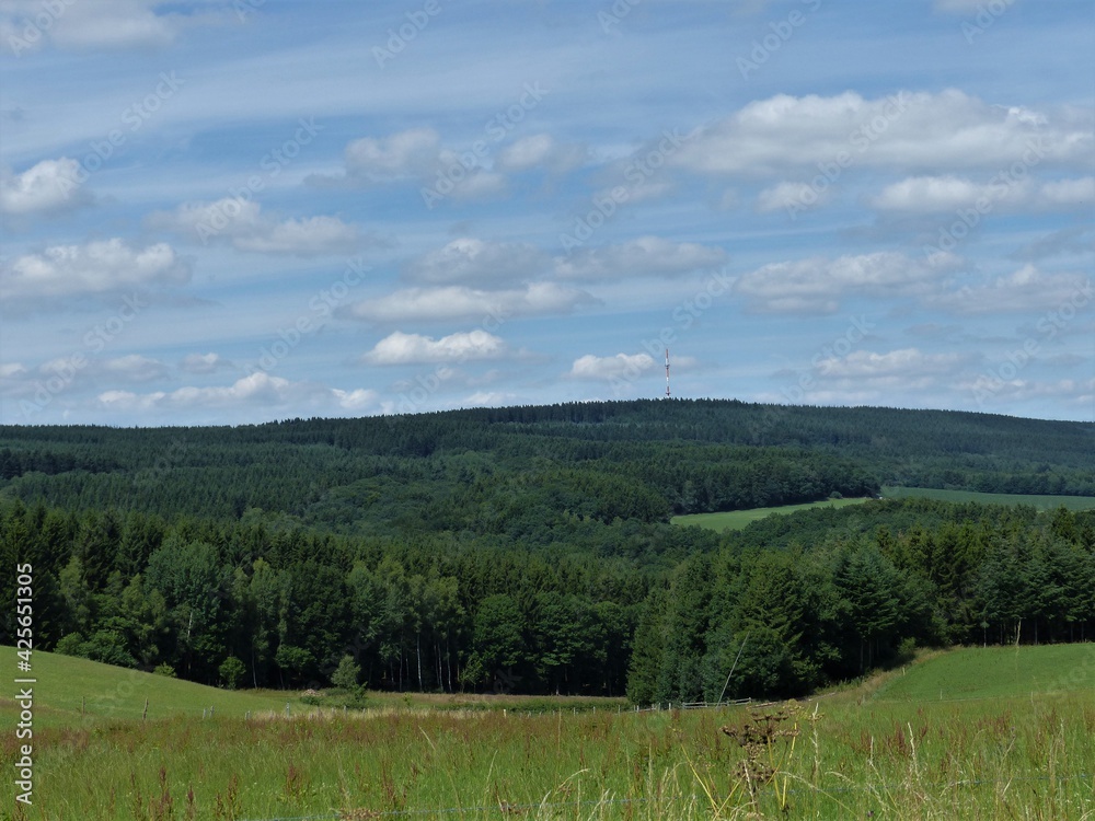 Landschaften am Schwarzen Mann mit Sendemast in der Schneifel bei Prüm