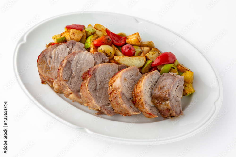 Sliced meat delicacies. Delicious beef, pork and poultry. Banquet festive dishes. Gourmet restaurant menu. White background.