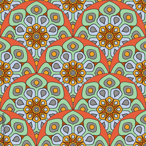 Abstract mandala fish scale seamless pattern. Ornamental tile, mosaic background. Floral patchwork infinity card. Arabic, Indian, ottoman motifs.