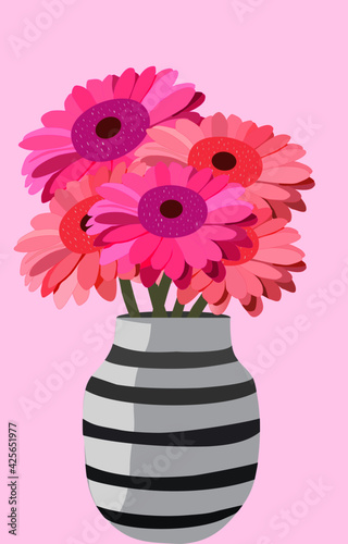 Vector illustration of Pink and violet gerberas in vase