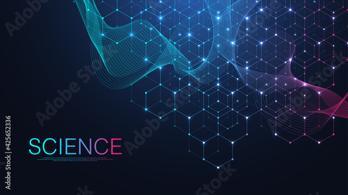 Molecular structure background. Science template wallpaper or banner with a DNA molecules. Asbtract scientific molecule background. Wave flow, innovation pattern. Vector illustration