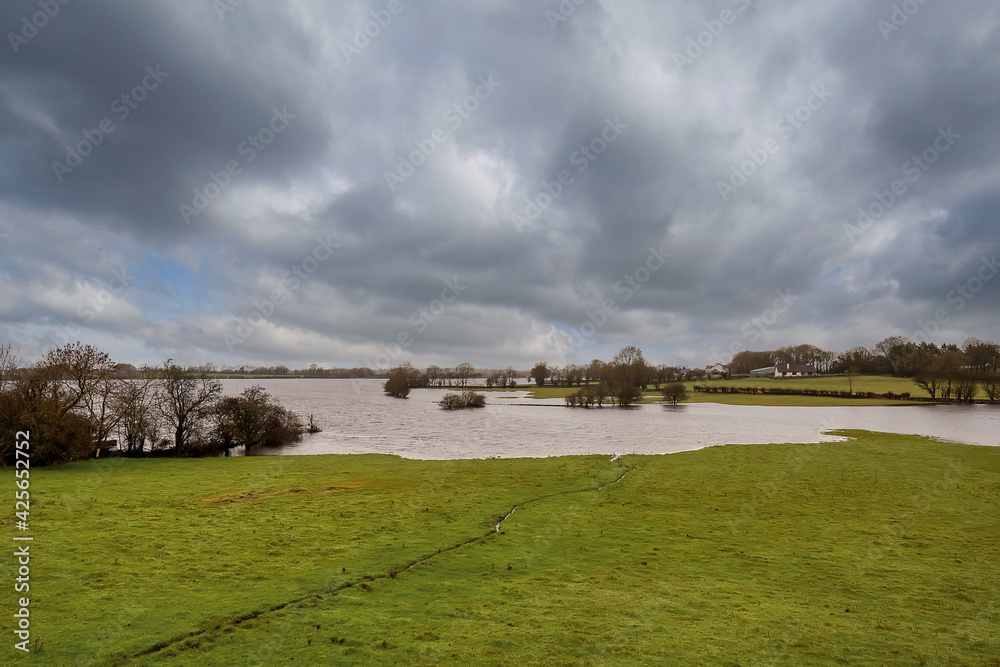 Obraz premium Flooded agriculture land in spring season. Nature seasonal disaster. Green grass field filled with water. Cloudy sky. Nobody.