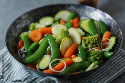 Vegan vegetables on pan on table