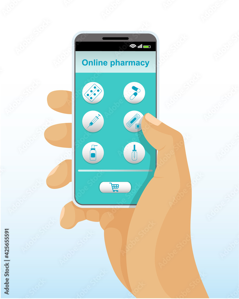 Hand with a smartphone on which an application for ordering medicines online.
Online medical support for people, conveniently and quickly - choosing, checking availability, ordering, buying medicines. Hand with a smartphone on which an application for ordering medicines online.
Online medical support for people, conveniently and quickly - choosing, checking availability, ordering, buying medicines.