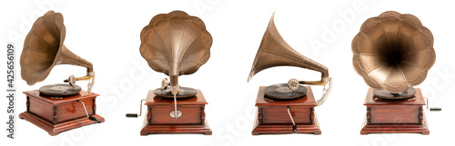 Photos of vintage gramophone isolated on white background. Old record or vinyl music player set of photos from different sides.