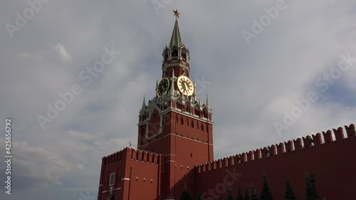 Spasskaya Tower. The view on the Kremlin, Red Square. Moscow. 4K.