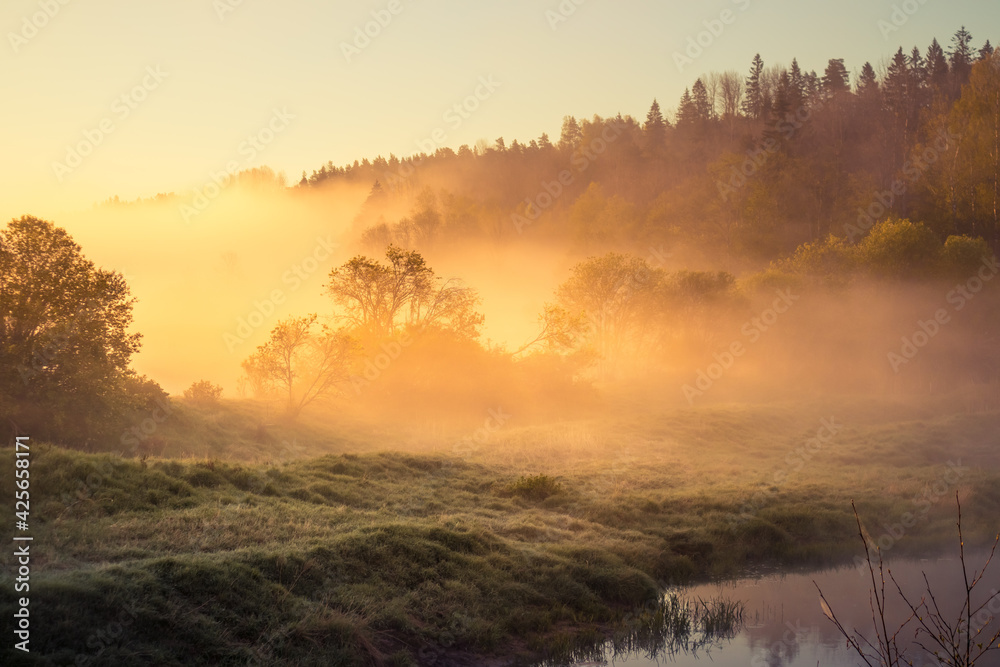 A beautiful river morning with mist and sun light. Springtime scenery of river banks in Northern Europe. Warm, colorful look. A beautiful river morning with mist and sun light. Springtime scenery of river banks in Northern Europe. Warm, colorful look.