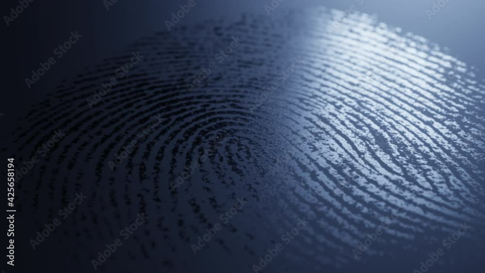 Closeup shot of fingerprint mark on dark blue surface visible in reflected light. Crime scene animation
