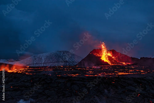 Fagradalsfjall volcanic eruption at night, Iceland
