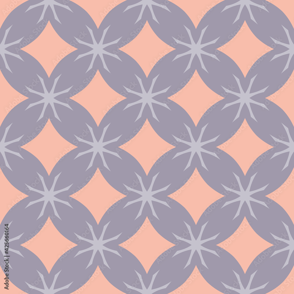 Simple vector floral geometric seamless pattern. Elegant ornament texture with flower silhouettes, diamonds, squares, crosses. Stylish ornamental background. Lilac and pink color. Repeatable design