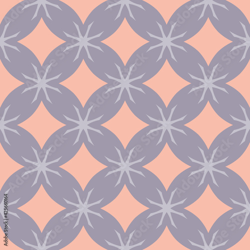 Simple vector floral geometric seamless pattern. Elegant ornament texture with flower silhouettes, diamonds, squares, crosses. Stylish ornamental background. Lilac and pink color. Repeatable design