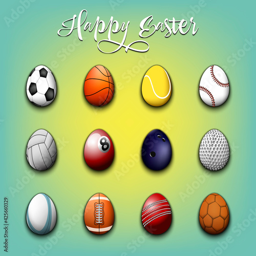 Happy Easter. Set eggs in the form of soccer  football  basketball  tennis  baseball  volleyball  billiard  bowling  golf  rugby  cricket  handball ball on an isolated background Vector illustration