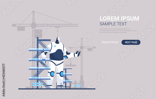 modern robot foreman engineer against construction site with building tower cranes artificial intelligence technology