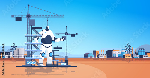 modern robot foreman engineer against construction site with building tower cranes artificial intelligence technology