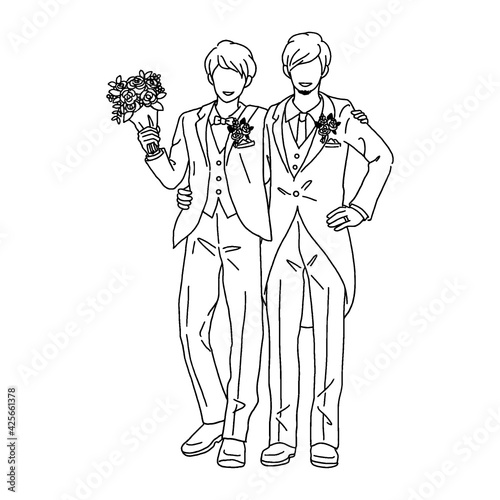 同性カップルの結婚式　線画イラスト