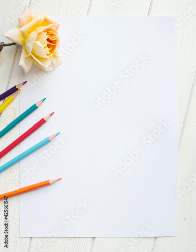 Mockup for A4 paper with single rose and drawing material