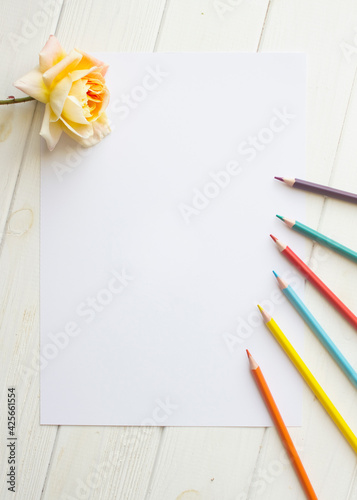 Mockup for A4 paper with single rose and drawing material