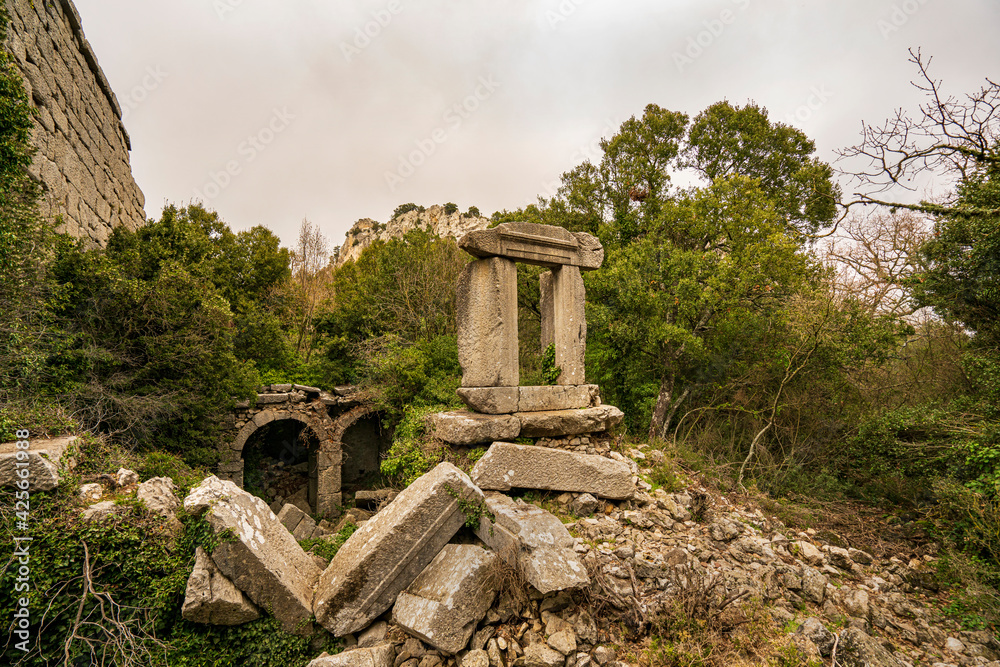 Scenic view of Termessos, which  was a Pisidian city built at an altitude of more than 1000 metres at the south-west side of the mountain Solymos (Güllük Dağı) in the Taurus Mountains, Antalya Turkey
