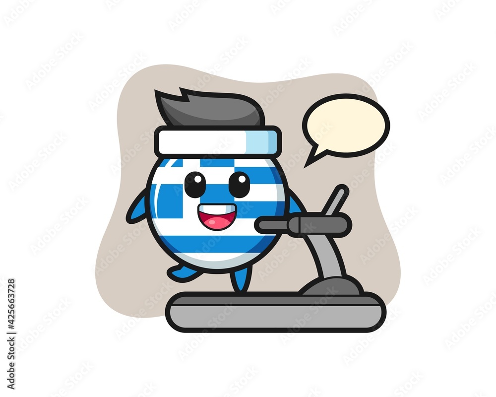 greece flag badge cartoon character walking on the treadmill