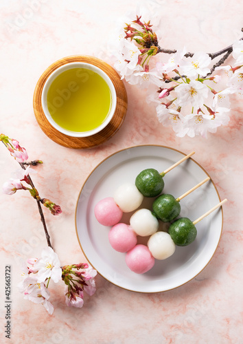 Sanshoku dango and green tea. An image of Japanese spring photo