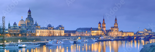 Night panorama of Dresden Old town with reflections in Elbe rive © tilialucida
