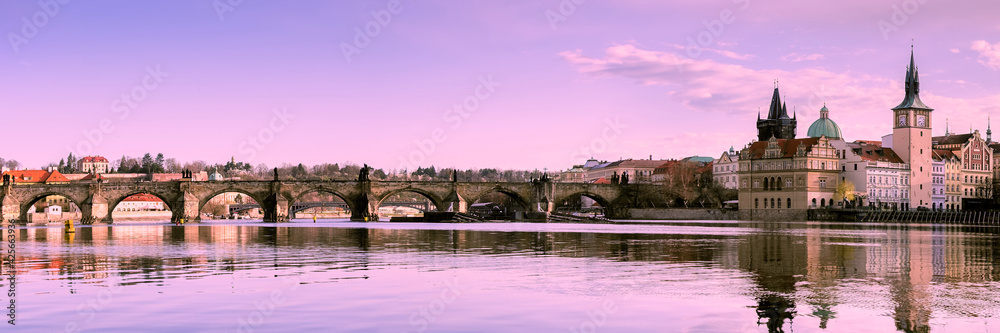 Prague, Charles bridge reflected in Vltava river
