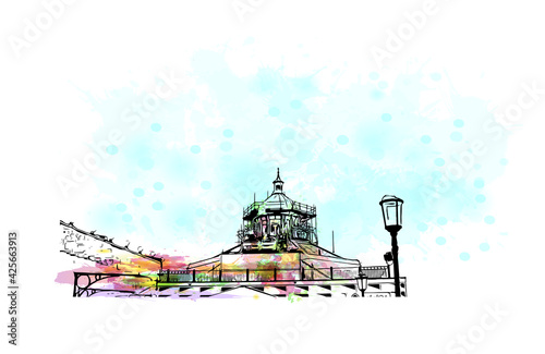 Building view with landmark of Eastbourne is a resort town on England. Watercolour splash with hand drawn sketch illustration in vector.