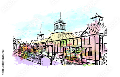 Building view with landmark of Eastbourne is a resort town on England. Watercolour splash with hand drawn sketch illustration in vector.