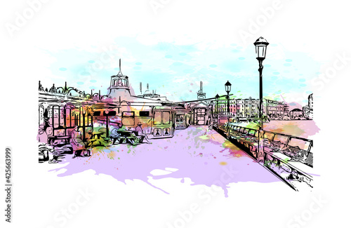 Building view with landmark of Eastbourne is a resort town on England. Watercolour splash with hand drawn sketch illustration in vector.