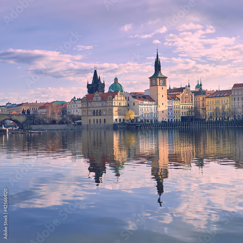 Charles Bridge and Historical buildings in Prague wth reflection