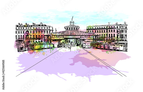 Building view with landmark of Eastbourne is a resort town on England. Watercolour splash with hand drawn sketch illustration in vector.