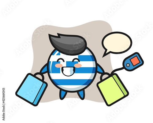 greece flag badge mascot cartoon holding a shopping bag