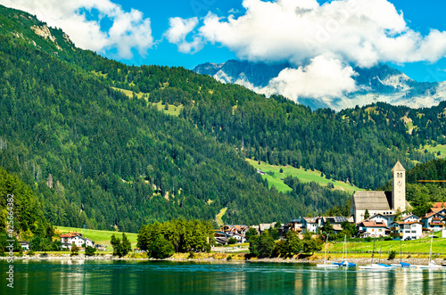 Church at Reschen am See or Resia  a village on Lake Reschen in South Tyrol  Italy