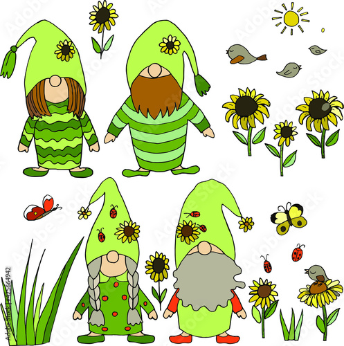 Gnomes cartoon vector set. Dwarves doodles. Forest gnomes clipart, flowers sunflowers, butterflies, birds. Cool dwarf clipart for creativity. 